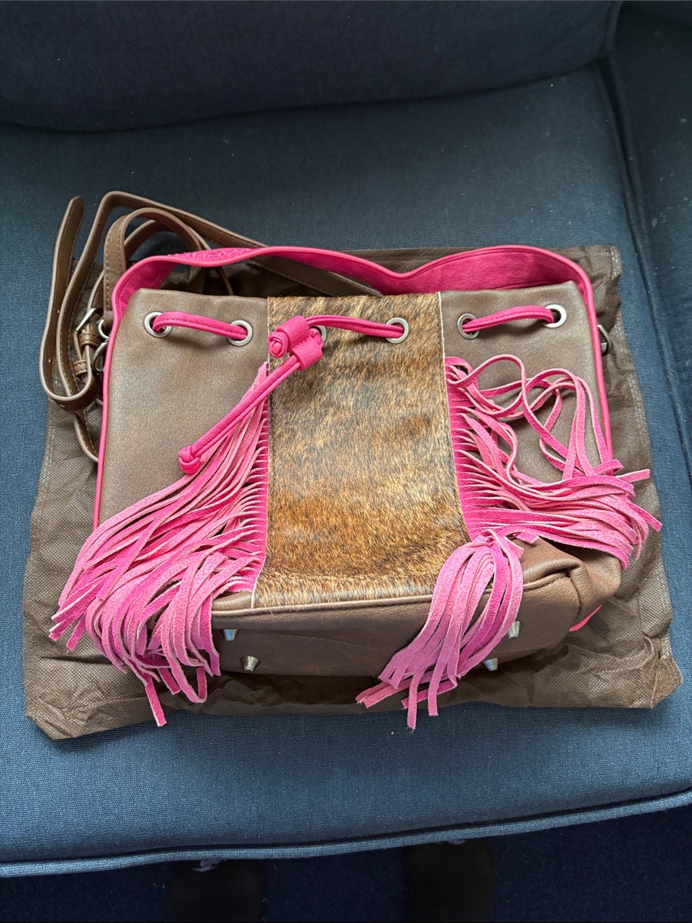 Montana West Brown Leather Crossbody with Hot Pink Fringe and Hair-On-Hide Panel